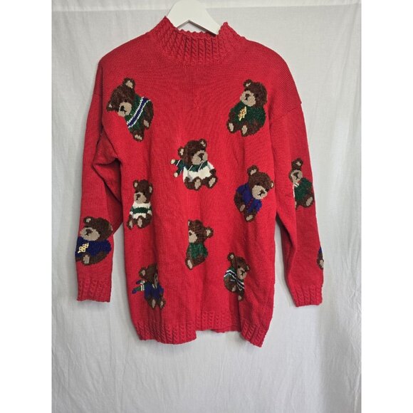 Marisa Christina 1994 Christmas Sweater Size Medium Red Teddy Bears Mock Neck - Picture 2 of 14